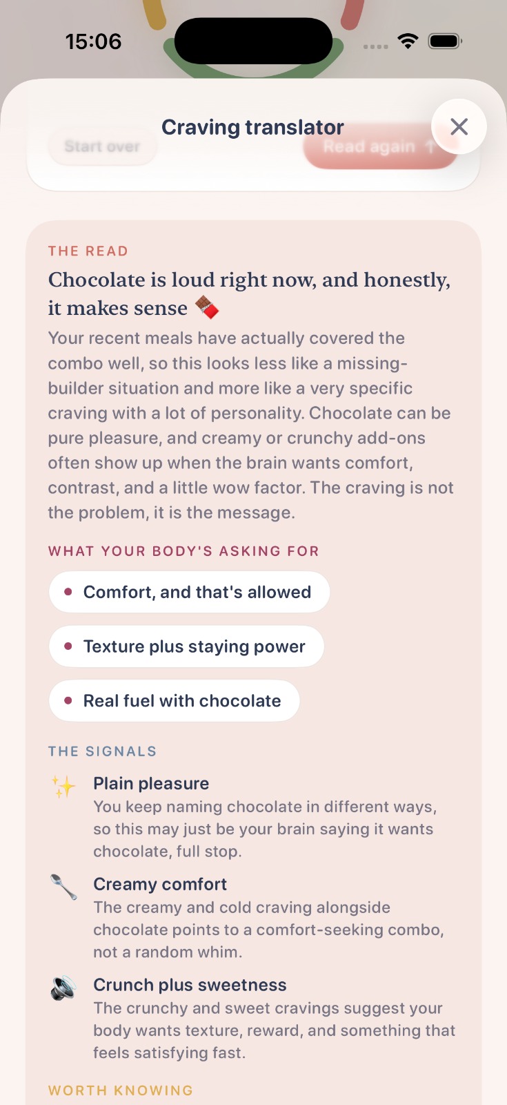 Satisfed craving translator reading a chocolate craving