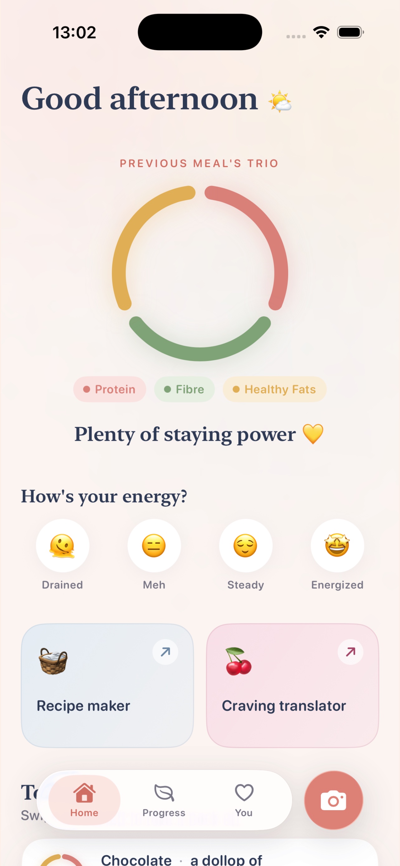 Satisfed home screen showing the previous meal's protein, fibre and healthy fats trio ring