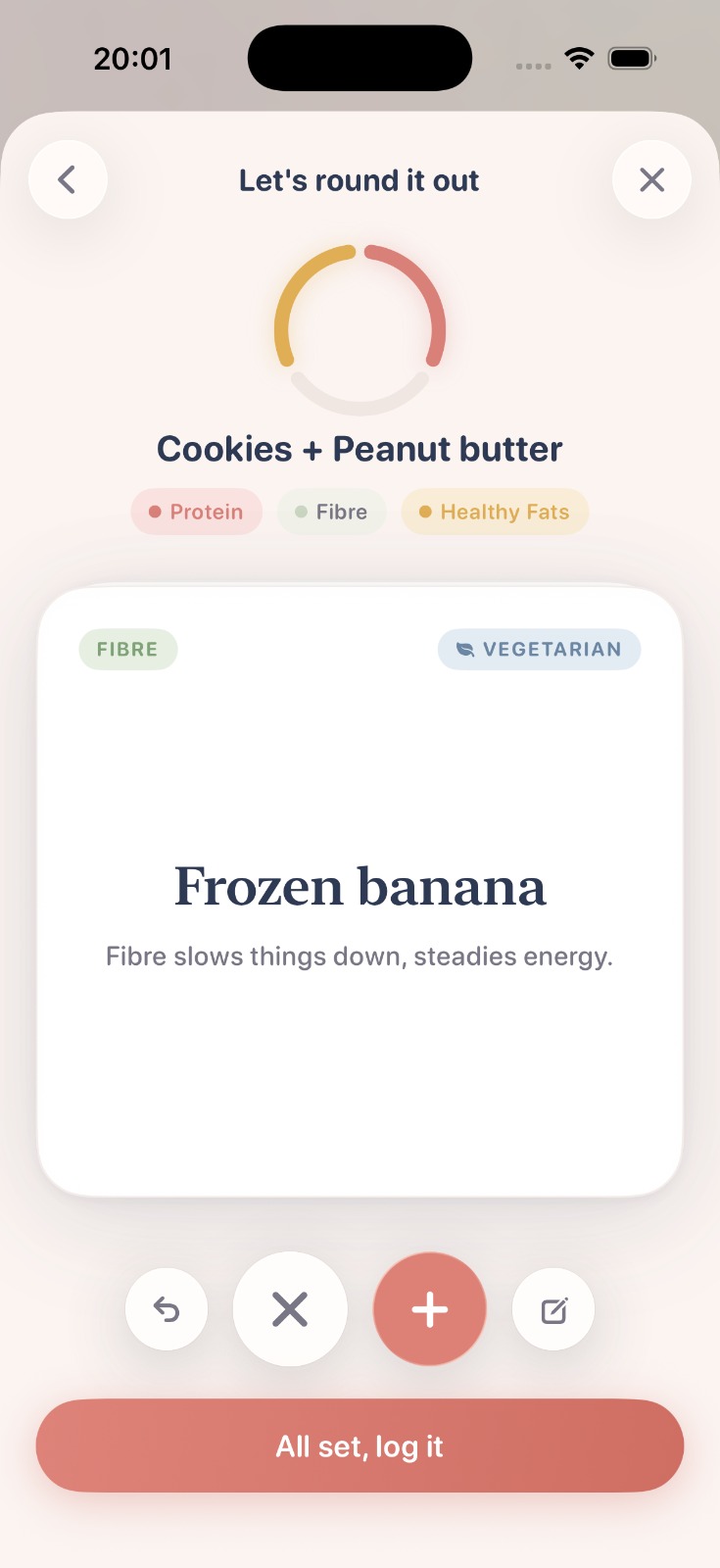 Satisfed suggesting a frozen banana to round out cookies and peanut butter